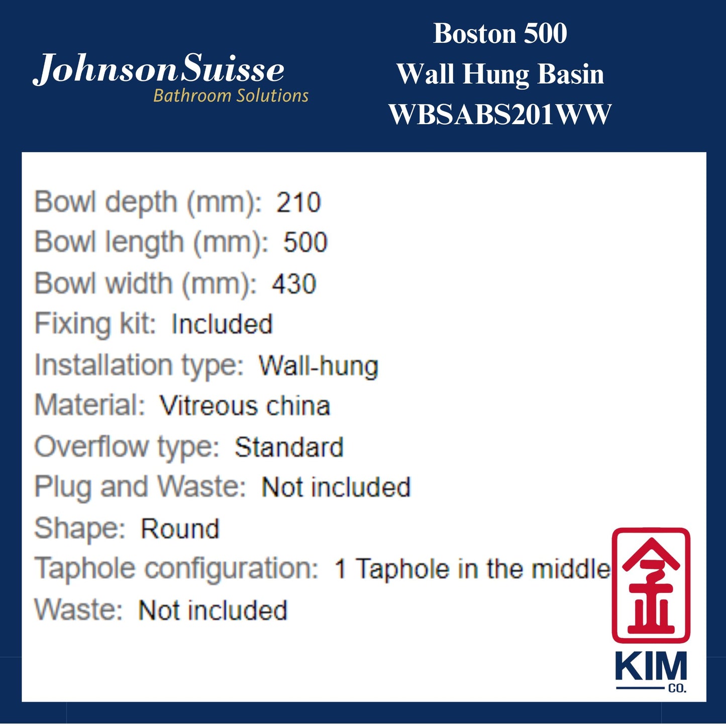 Johnson Suisse Boston 500 Wall Hung Basin (WBSABS201WW)