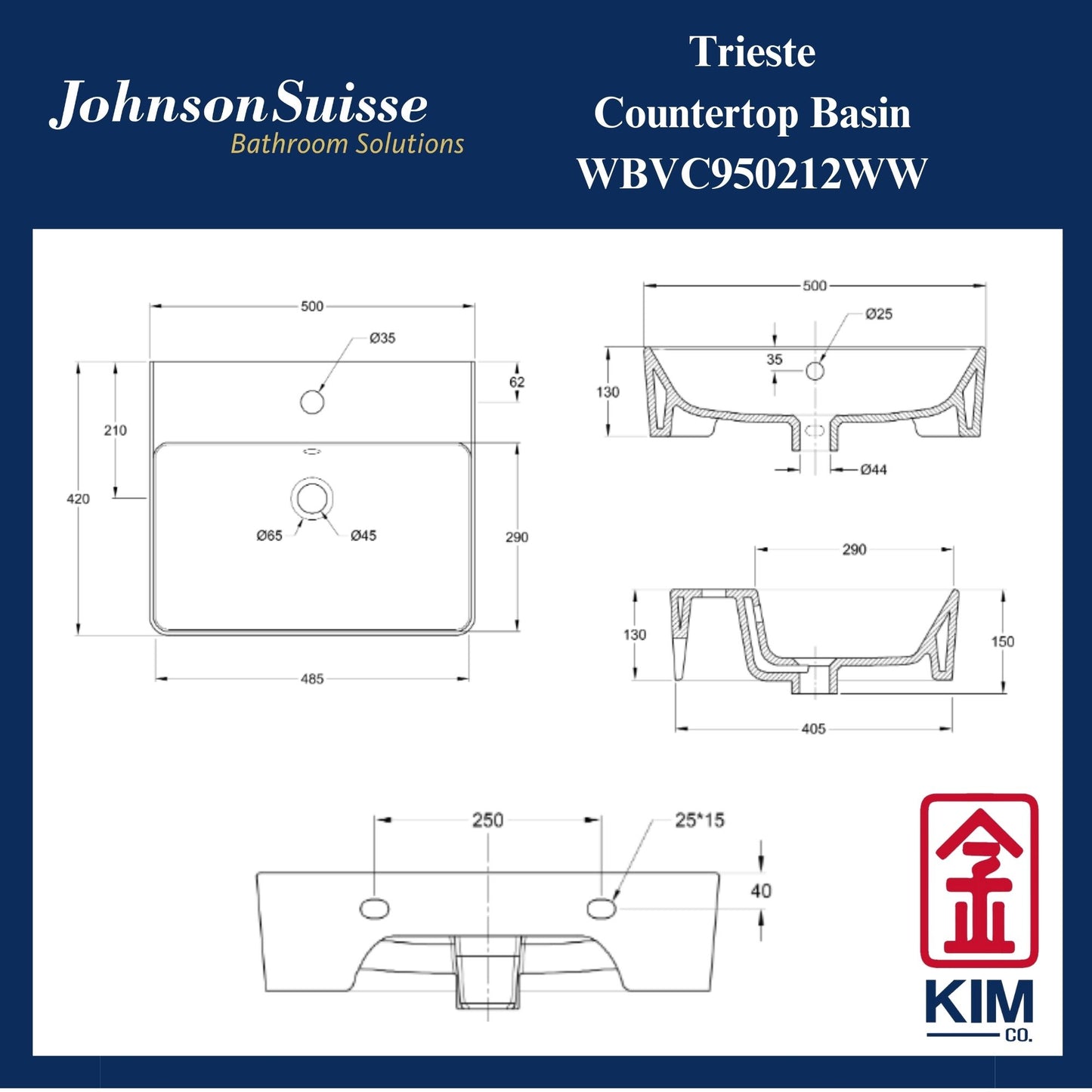 Johnson Suisse Trieste Countertop Basin (WBVC950212WW)