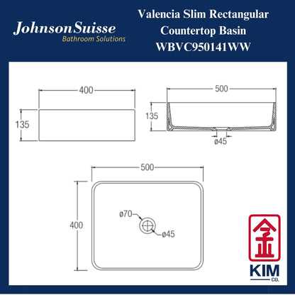 Johnson Suisse Valencia Slim Rectangular Countertop Basin (WBVC950141WW)