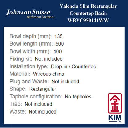 Johnson Suisse Valencia Slim Rectangular Countertop Basin (WBVC950141WW)
