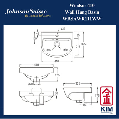 Johnson Suisse Windsor 410 Wall Hung Basin (WBSAWR111WW)