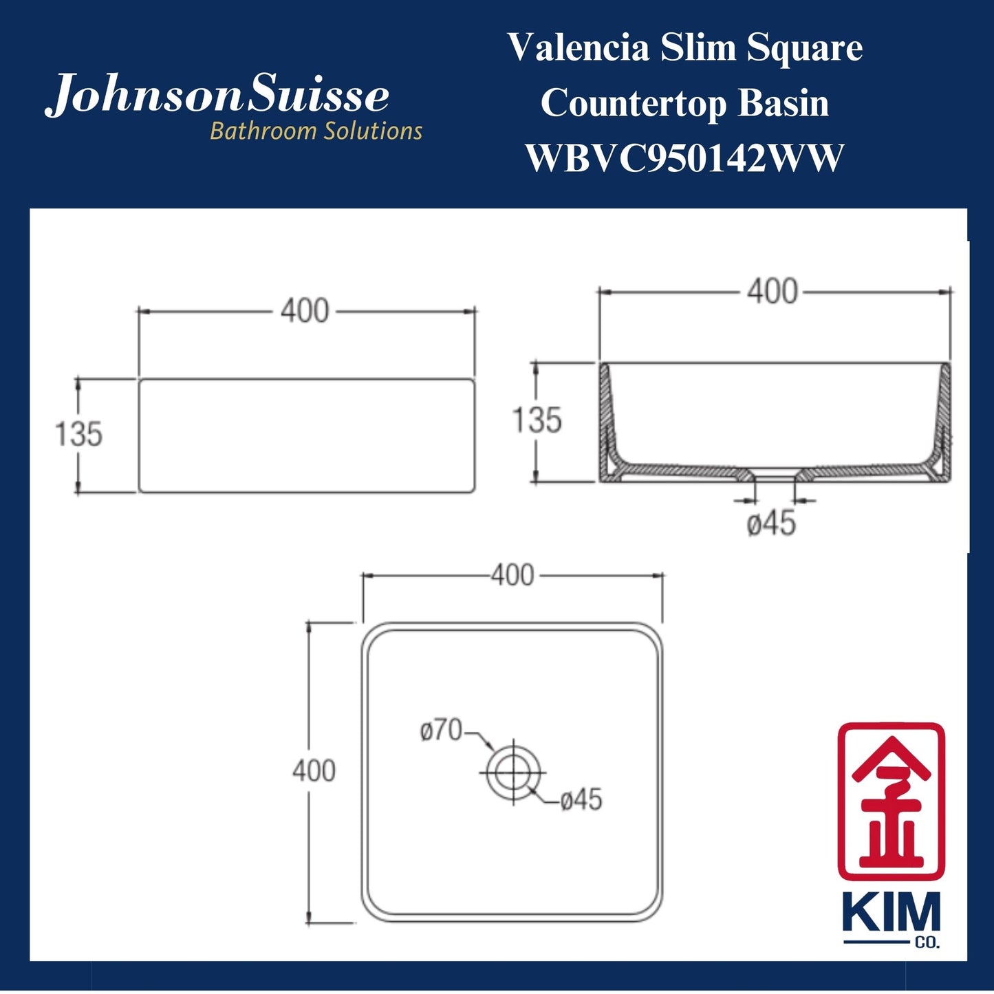 Johnson Suisse Valencia Slim Square Countertop Basin (WBVC950142WW)
