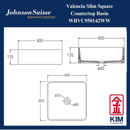 Johnson Suisse Valencia Slim Square Countertop Basin (WBVC950142WW)