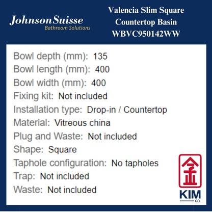 Johnson Suisse Valencia Slim Square Countertop Basin (WBVC950142WW)