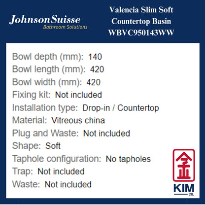 Johnson Suisse Valencia Slim Soft Countertop Basin (WBVC950143WW)