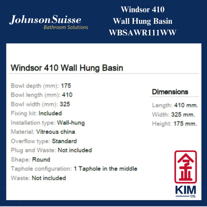 Johnson Suisse Windsor 410 Wall Hung Basin (WBSAWR111WW)