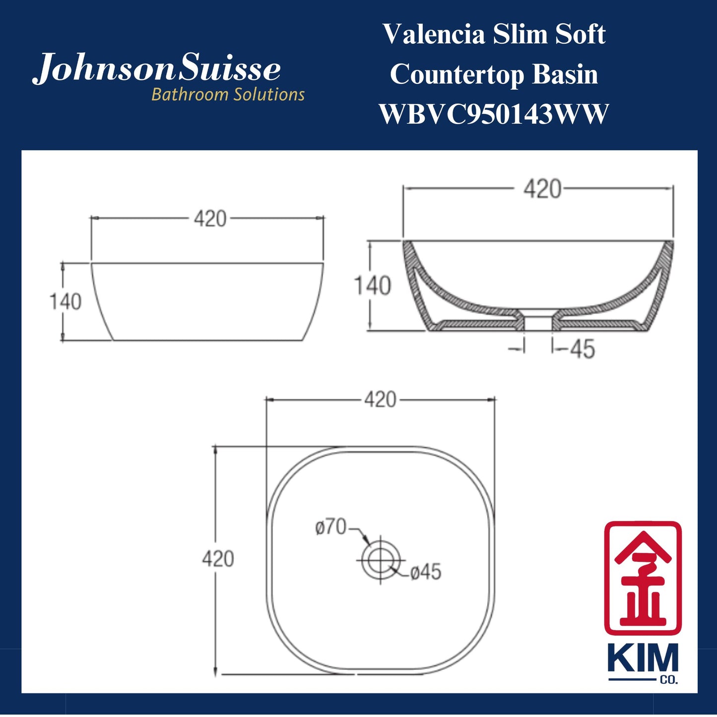 Johnson Suisse Valencia Slim Soft Countertop Basin (WBVC950143WW)