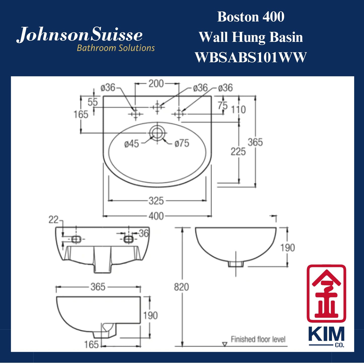 Johnson Suisse Boston 400 Wall Hung Basin (WBSABS101WW)