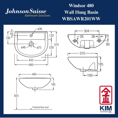 Johnson Suisse Windsor 480 Wall Hung Basin (WBSAWR201WW)