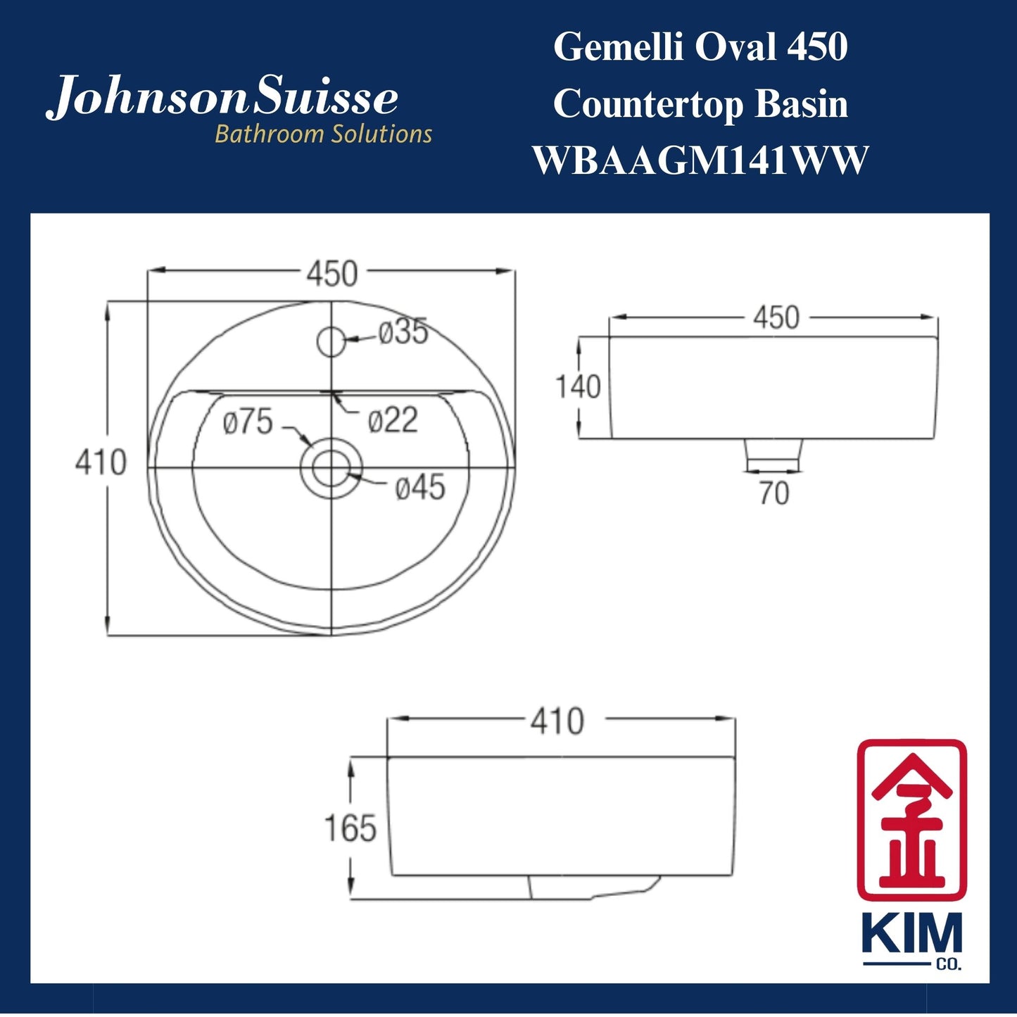 Johnson Suisse Gemelli Oval 450 Countertop Basin (WBAAGM141WW)