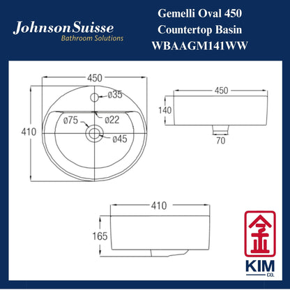 Johnson Suisse Gemelli Oval 450 Countertop Basin (WBAAGM141WW)