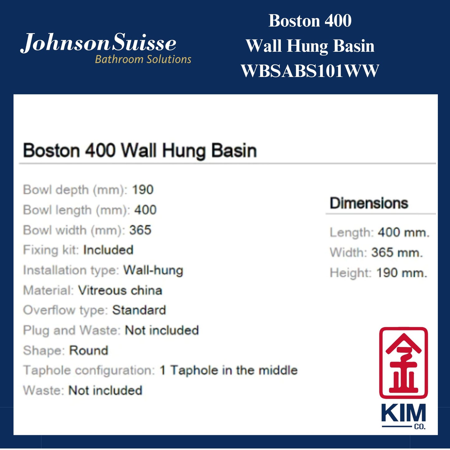 Johnson Suisse Boston 400 Wall Hung Basin (WBSABS101WW)