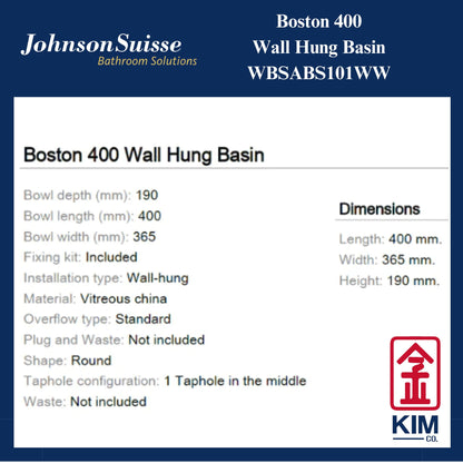 Johnson Suisse Boston 400 Wall Hung Basin (WBSABS101WW)