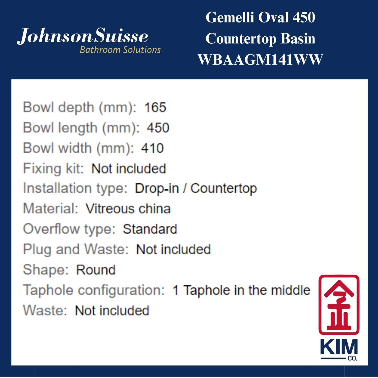 Johnson Suisse Gemelli Oval 450 Countertop Basin (WBAAGM141WW)