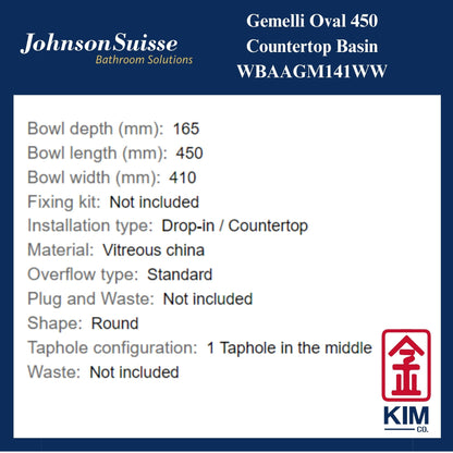 Johnson Suisse Gemelli Oval 450 Countertop Basin (WBAAGM141WW)