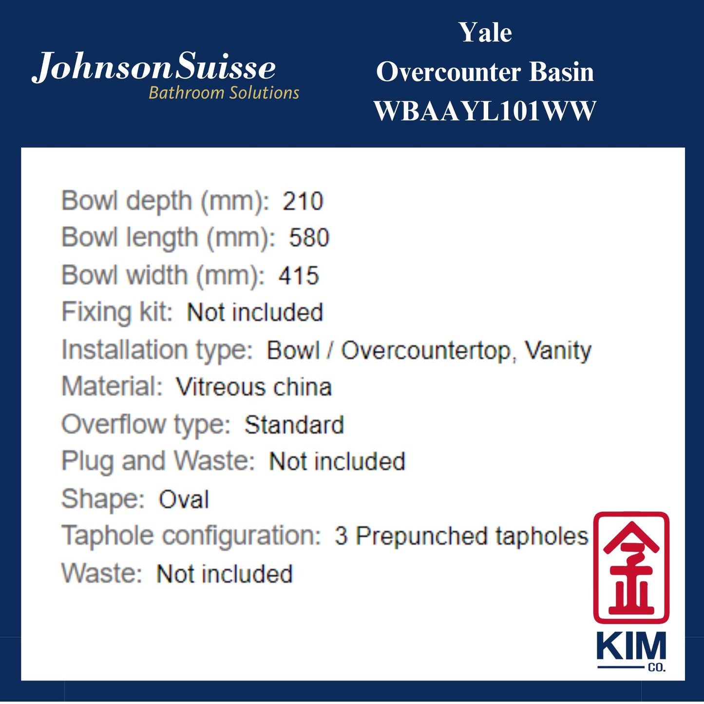 Johnson Suisse Yale Overcounter Basin (WBAAYL101WW)
