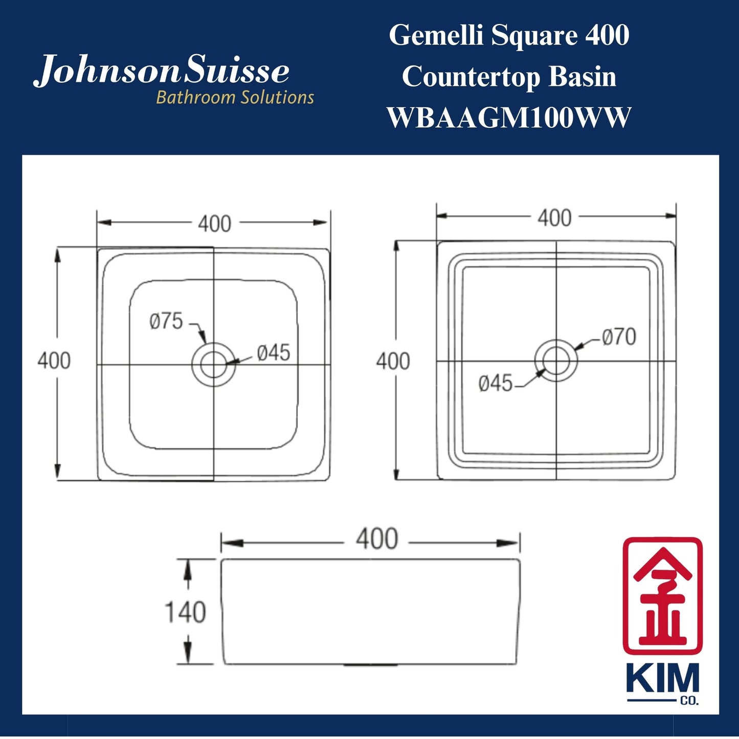 Johnson Suisse Gemelli Square 400 Countertop Basin (WBAAGM100WW)
