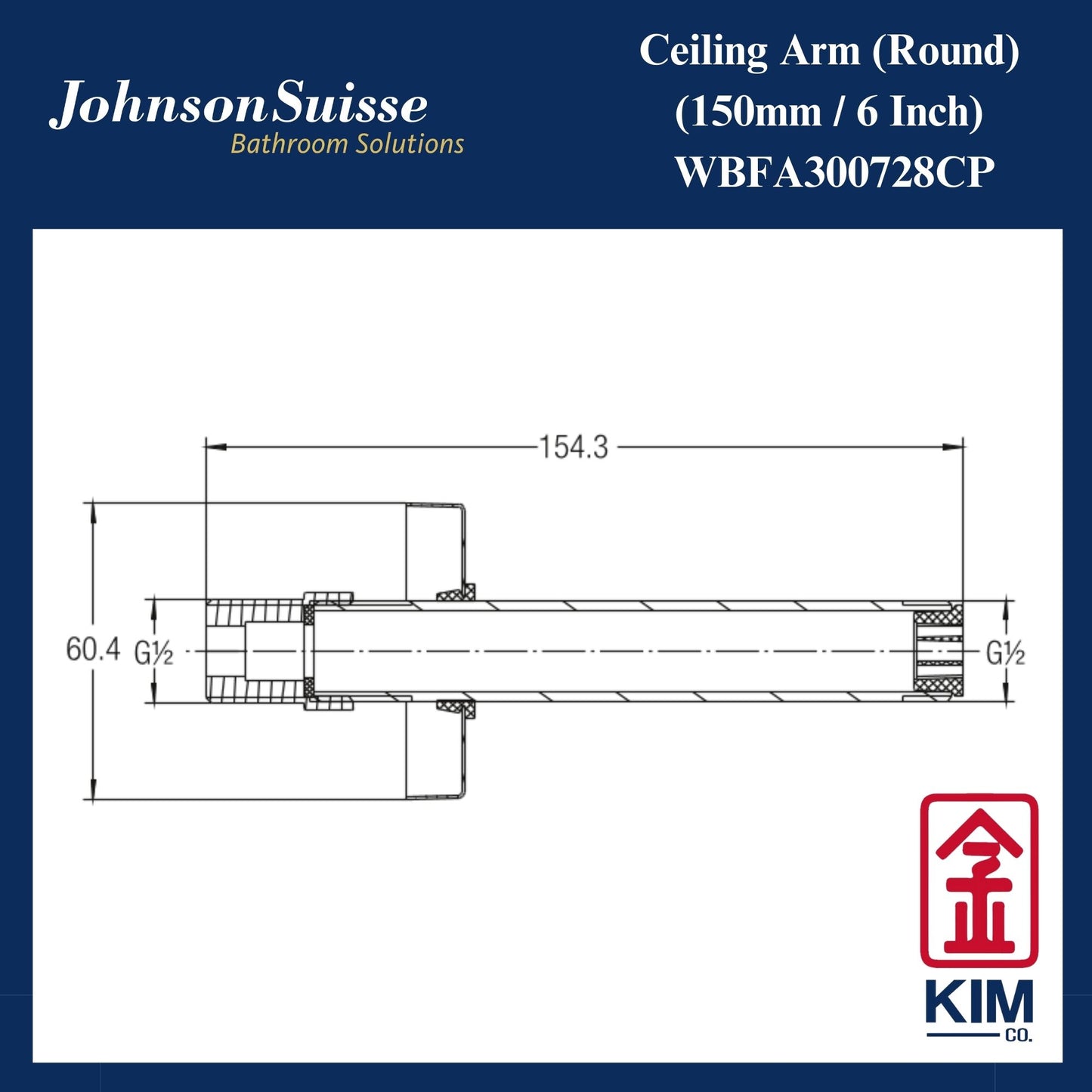 Johnson Suisse Brass Ceiling Shower Arm (150mm) (WBFA300728CP)