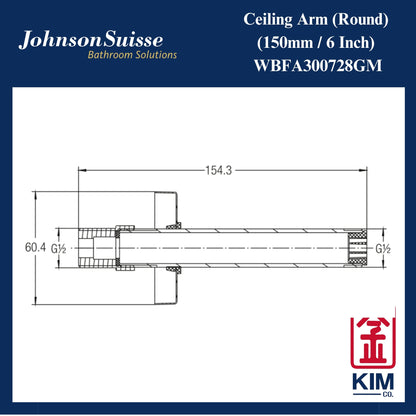 Johnson Suisse Brass Ceiling Shower Arm (150mm) (Gunmetal) (WBFA300728GM)