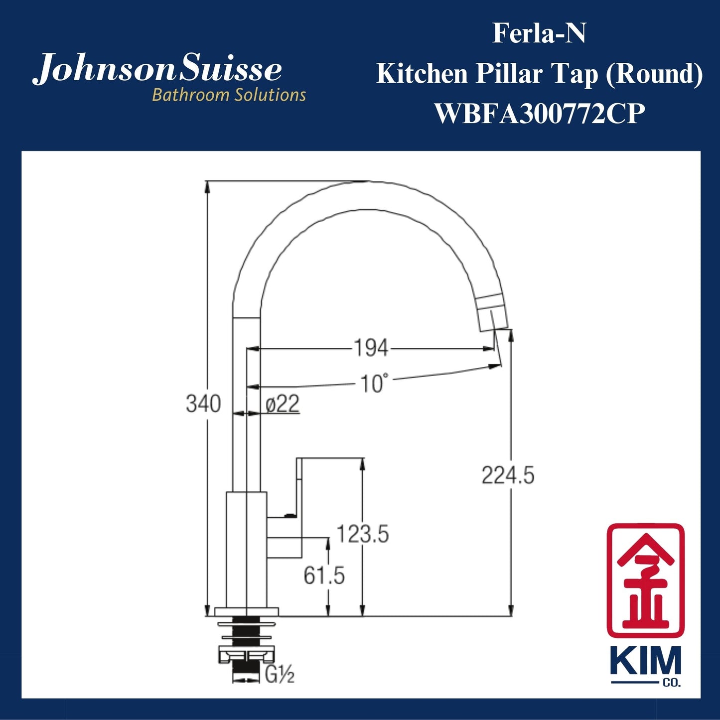 Johnson Suisse Ferla-N Deck Mounted Kitchen Sink Tap (WBFA300772CP)