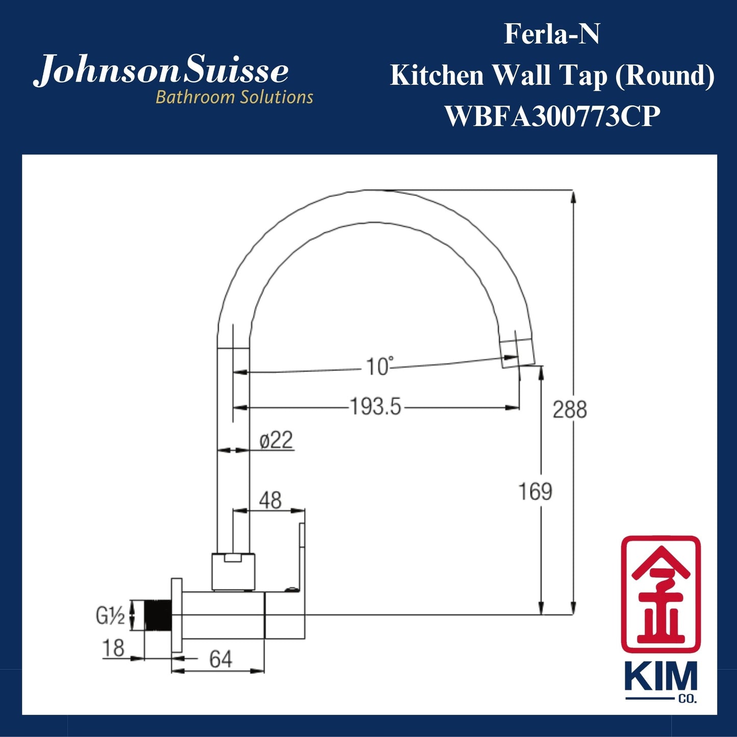 Johnson Suisse Ferla-N Wall Mounted Kitchen Sink Tap (WBFA300773CP)