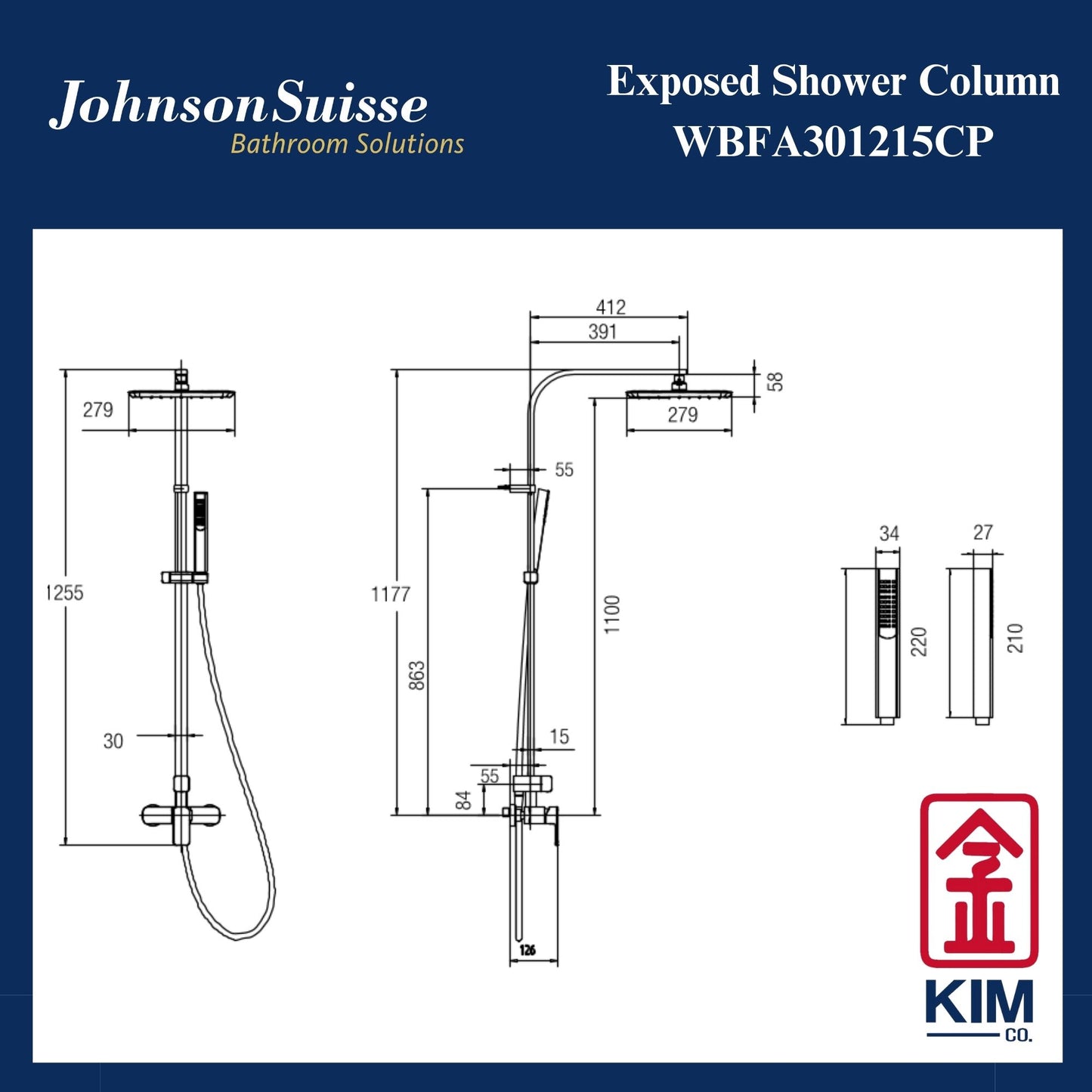 Johnson Suisse Shower Column 11” Abs Shower Head & Abs Hand Shower (WBFA301215CP)