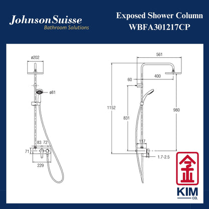 Johnson Suisse Shower Column 8” Abs Shower Head & Abs Hand Shower & Panel (WBFA301217CP)