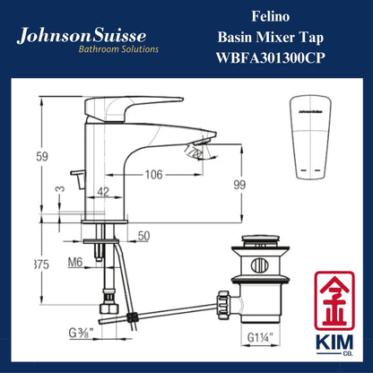 Johnson Suisse Felino Basin Mixer Cw Pop Up Waste (WBFA301300CP)