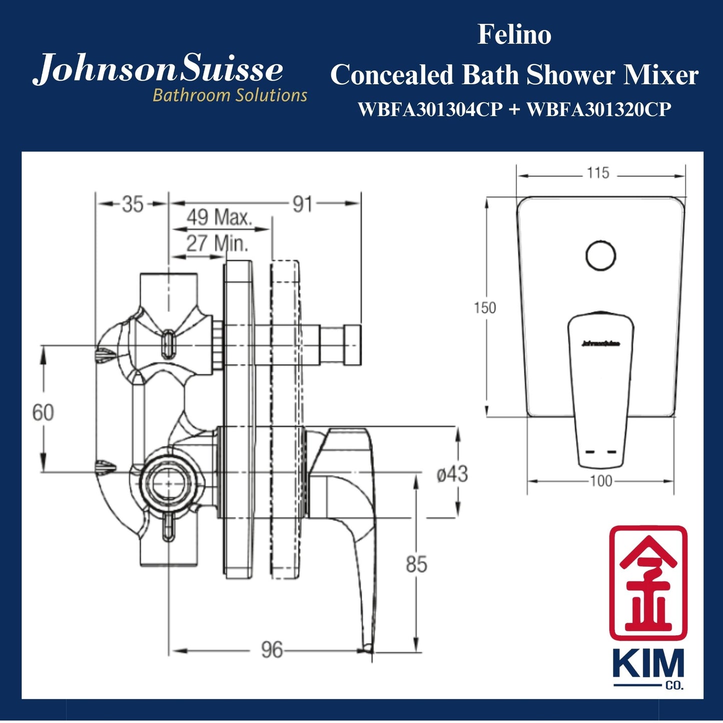 Johnson Suisse Felino Concealed Bath Shower Mixer With Diverter (WBFA301304CP + WBFA301320CP)
