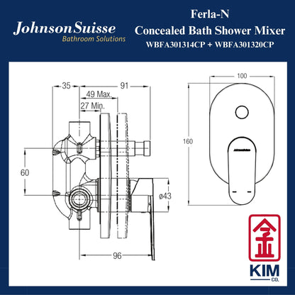 Johnson Suisse Ferla-N Concealed Bath Shower Mixer With Diverter (WBFA301314CP + WBFA301320CP)