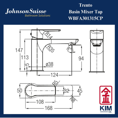 Johnson Suisse Trento Basin Mixer Cw Pop Up Waste(WBFA301315CP)