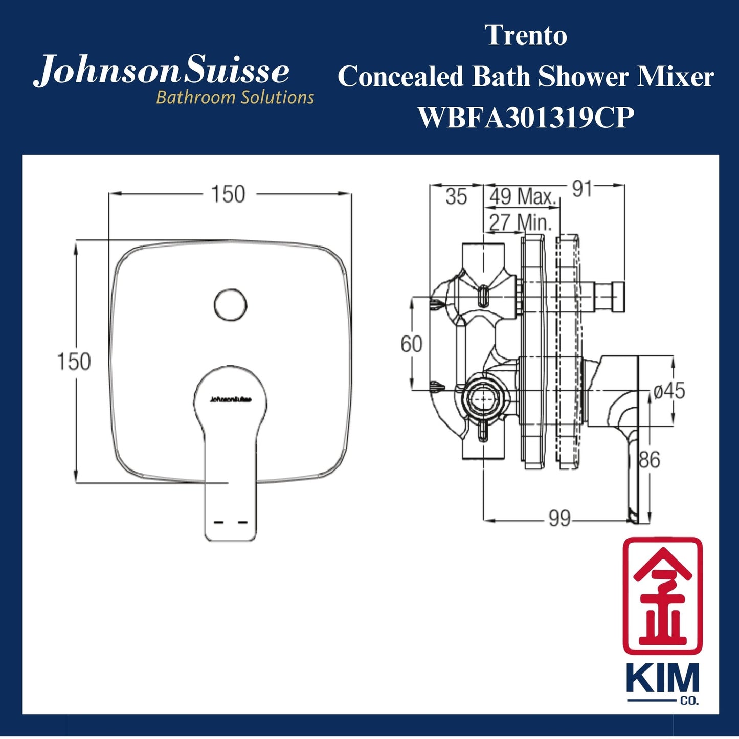 Johnson Suisse Trento Concealed Bath Shower Mixer With Diverter (WBFA301319CP + WBFA301320CP)