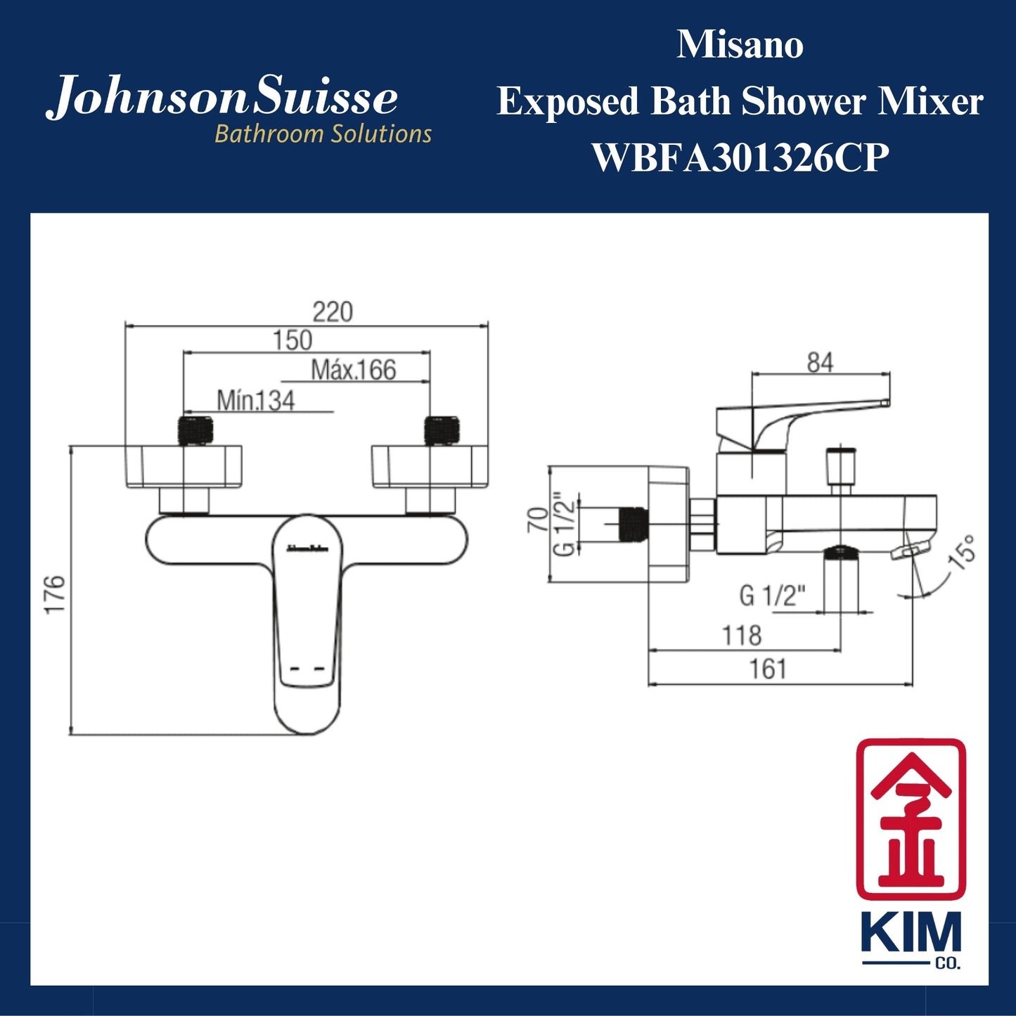 Johnson Suisse Misano Exposed Bath Shower Mixer Without Shower Kit (WBFA301326CP)