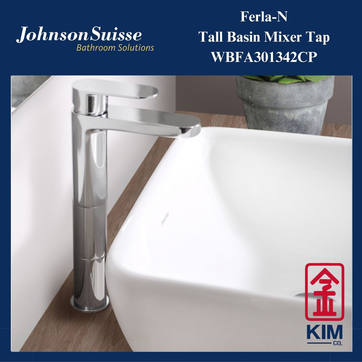 Johnson Suisse Ferla-N Tall Basin Mixer Without Pop Up Waste (WBFA301342CP)
