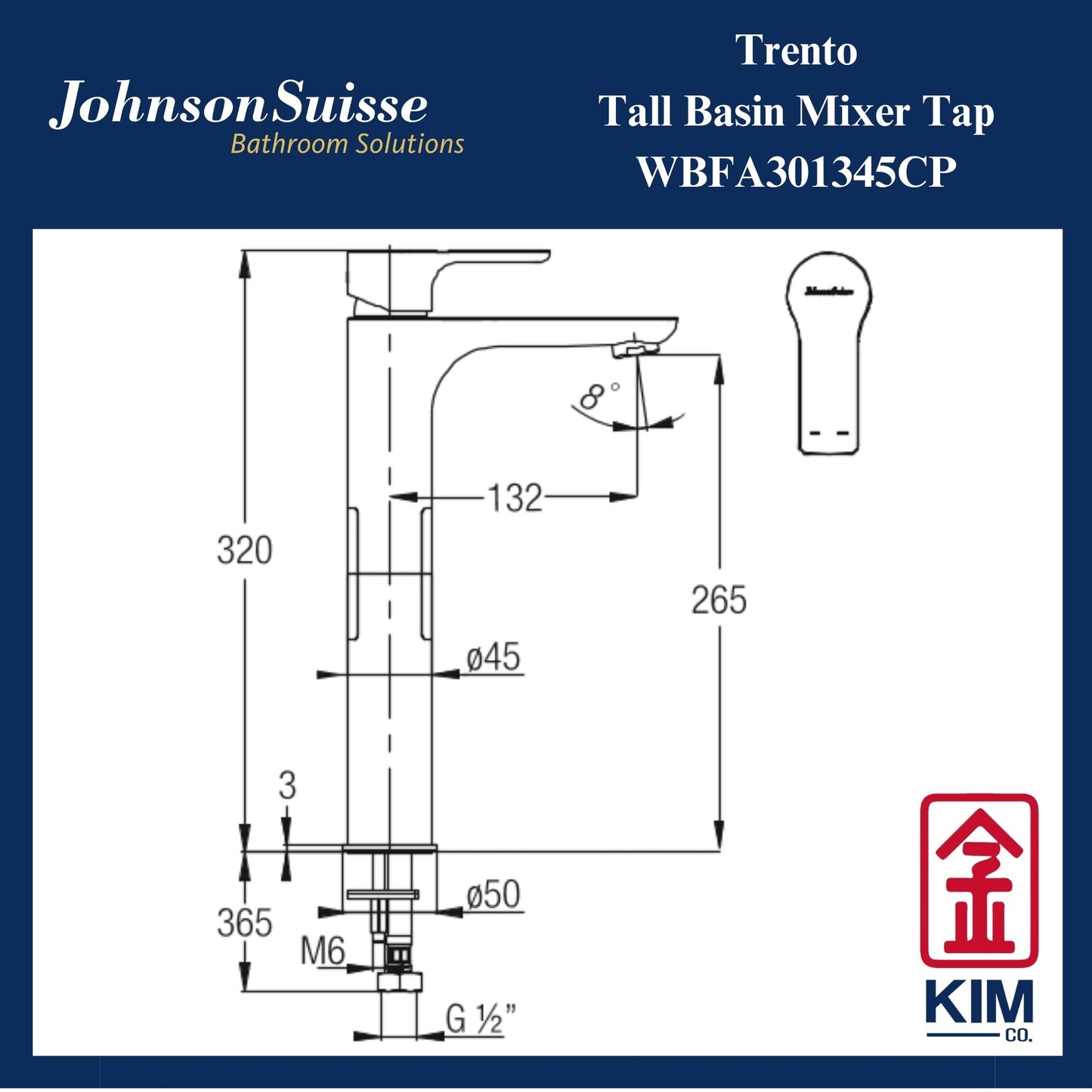 Johnson Suisse Trento Tall Basin Mixer Without Pop Up Waste (WBFA301345CP)
