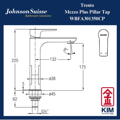 Johnson Suisse Trento Mezzo Plus Basin Pillar Tap (WBFA301350CP)