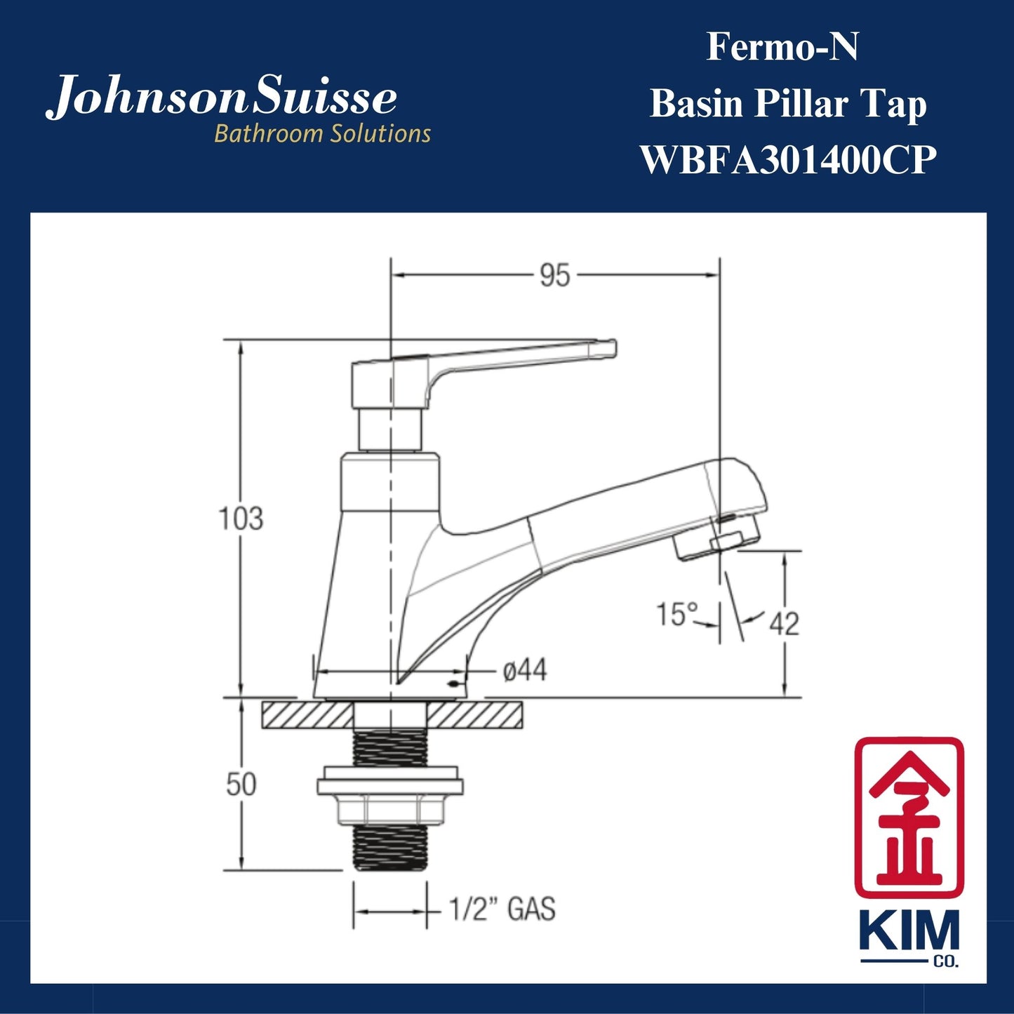 Johnson Suisse Fermo-N Basin Pillar Tap (WBFA301400CP)