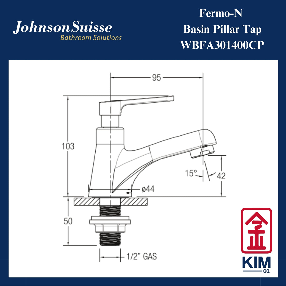 Johnson Suisse Fermo-N Basin Pillar Tap (WBFA301400CP)