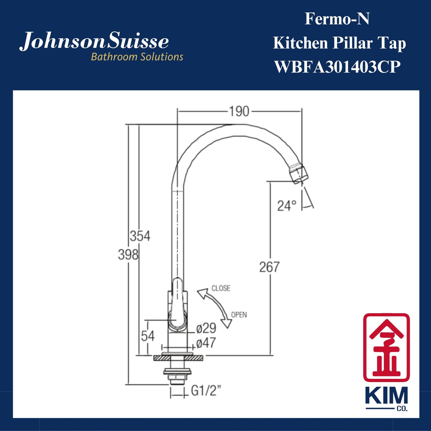 Johnson Suisse Fermo-N Deck Mounted Kitchen Sink Tap (WBFA301403CP)