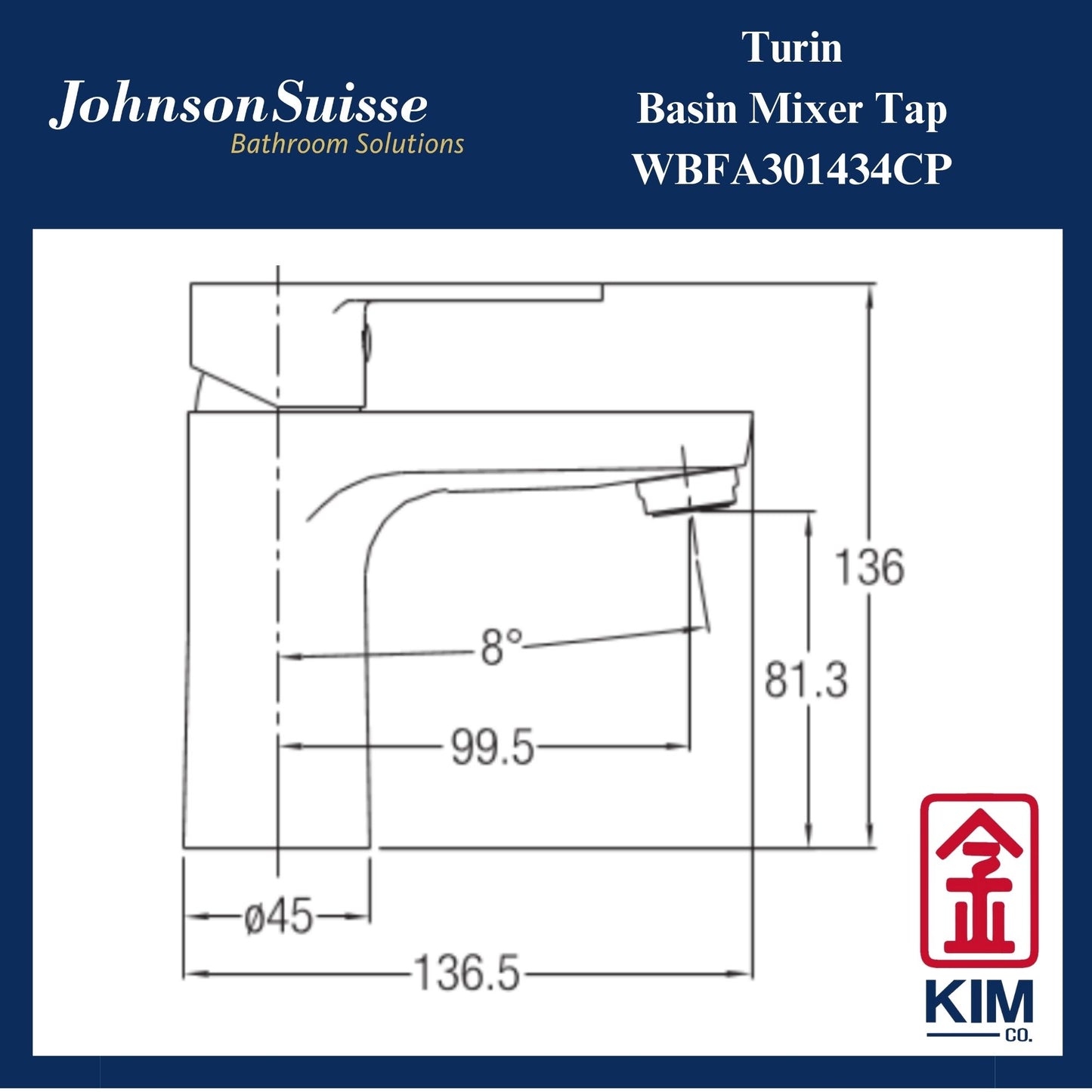 Johnson Suisse Turin Basin Mixer Without Pop Up Waste (WBFA301434CP)