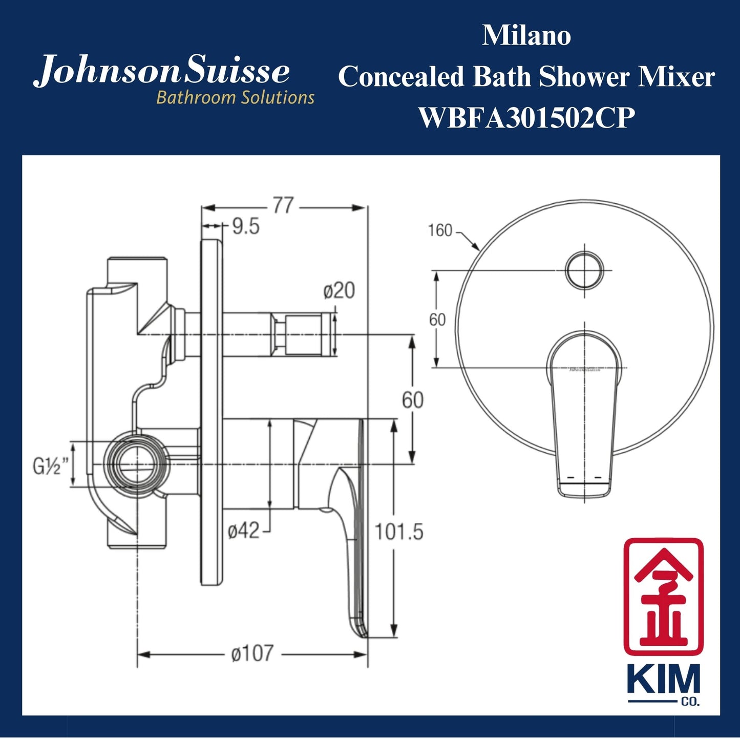 Johnson Suisse Milano Concealed Bath Shower Mixer (WBFA301502CP)