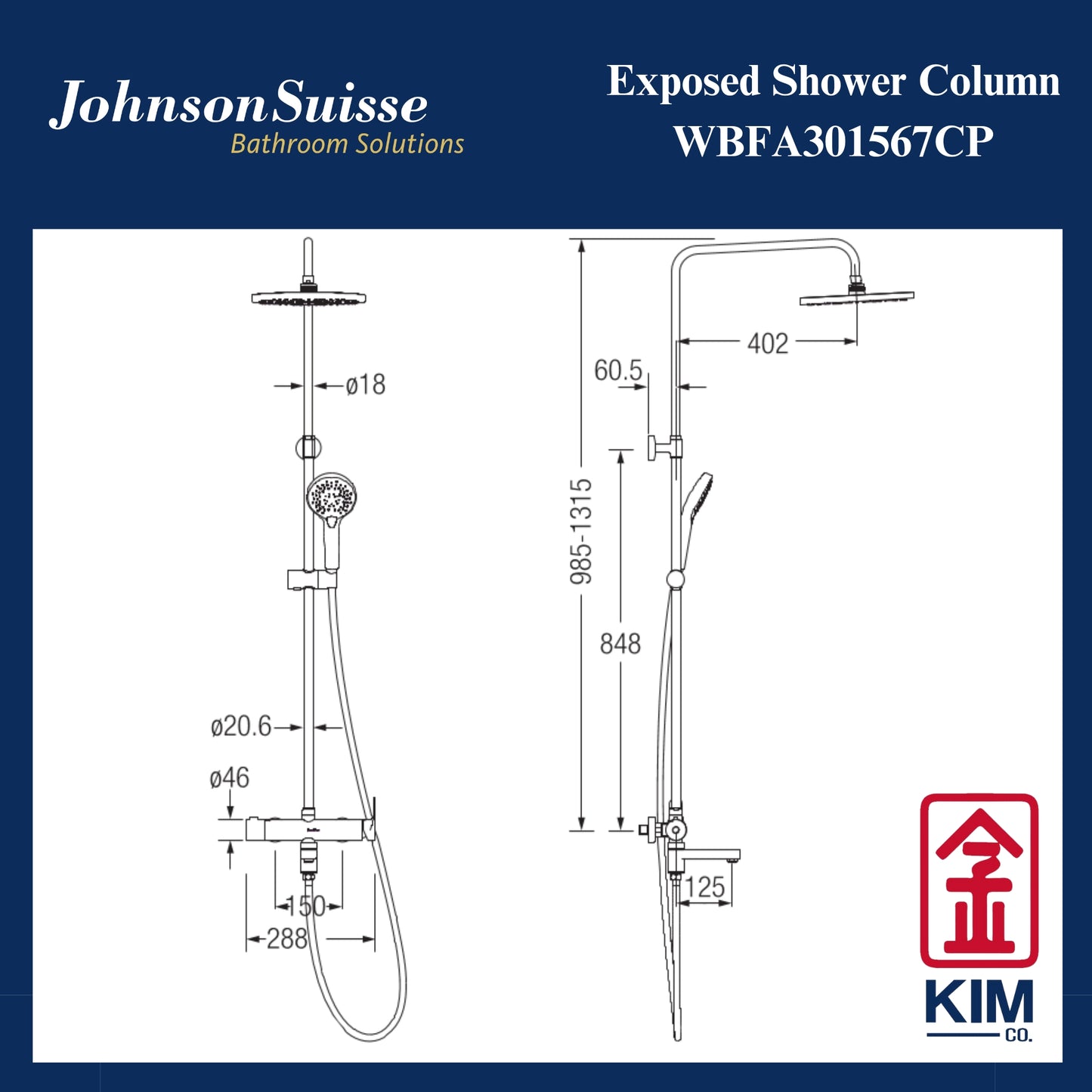 Johnson Suisse Gavi-N Shower Column 10” Abs Shower Head, Abs Hand Shower & Spout (3 Way) (WBFA301567CP)