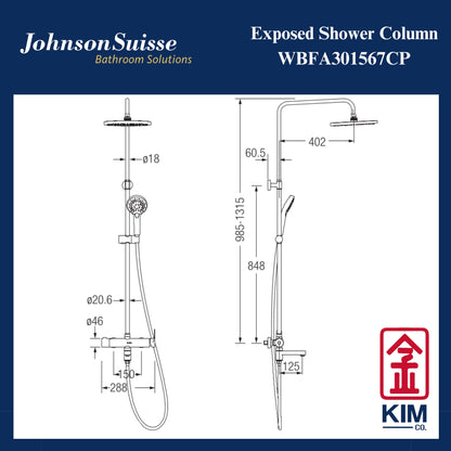 Johnson Suisse Gavi-N Shower Column 10” Abs Shower Head, Abs Hand Shower & Spout (3 Way) (WBFA301567CP)