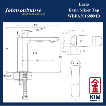 Johnson Suisse Lazio Basin Mixer Without Pop Up Waste (Matt Black) (WBFA301688MB)