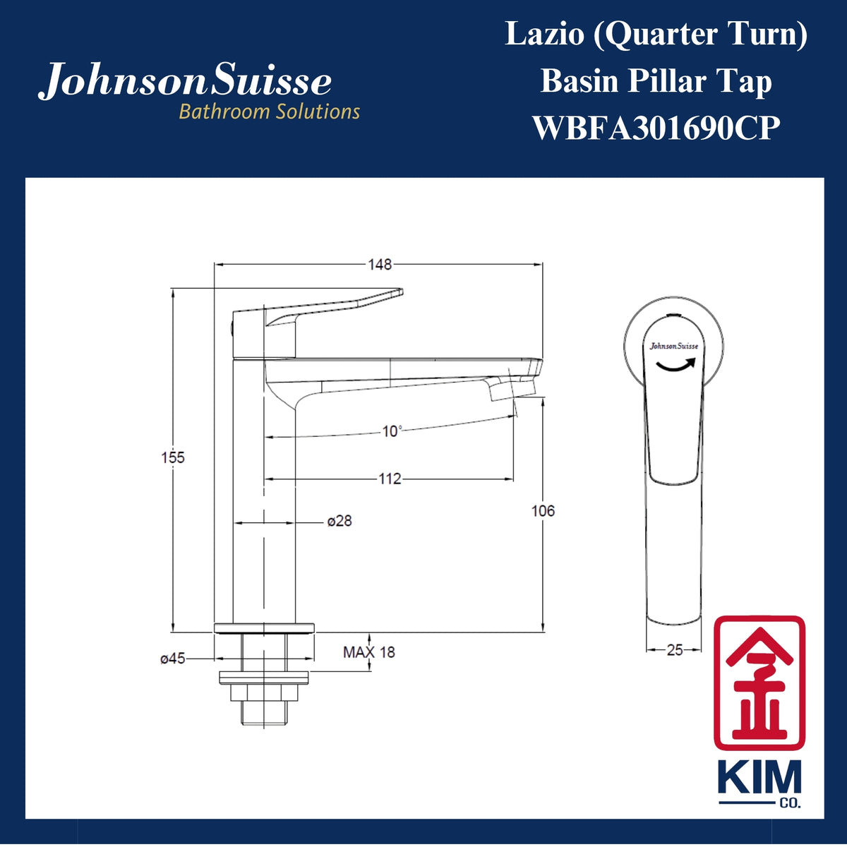 Johnson Suisse Lazio Quarter Turn Basin Pillar Tap (WBFA301690CP)
