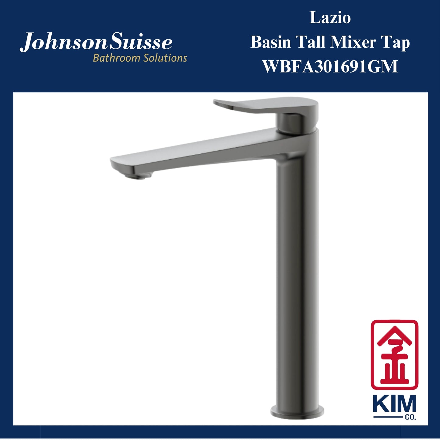 Johnson Suisse Lazio Tall Basin Mixer Without Pop Up Waste (Gunmetal) (WBFA301691GM)