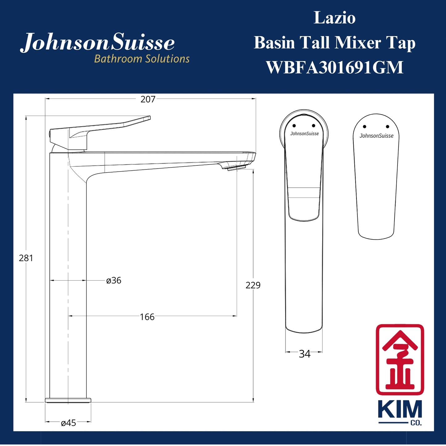 Johnson Suisse Lazio Tall Basin Mixer Without Pop Up Waste (Gunmetal) (WBFA301691GM)