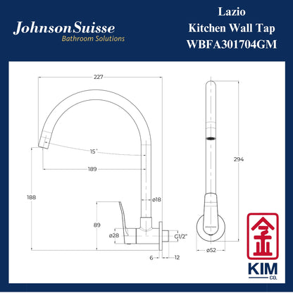 Johnson Suisse Lazio Wall Mounted Kitchen Sink Tap (Gunmetal) (WBFA301704GM)