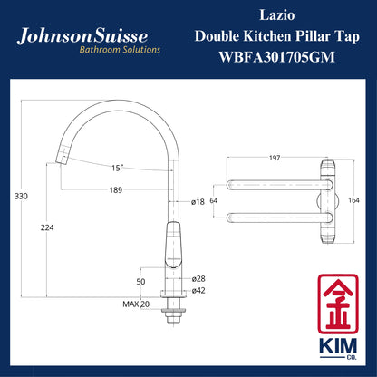 Johnson Suisse Lazio Deck-Mounted Double Kitchen Sink Tap (Gunmetal) (WBFA301705GM)
