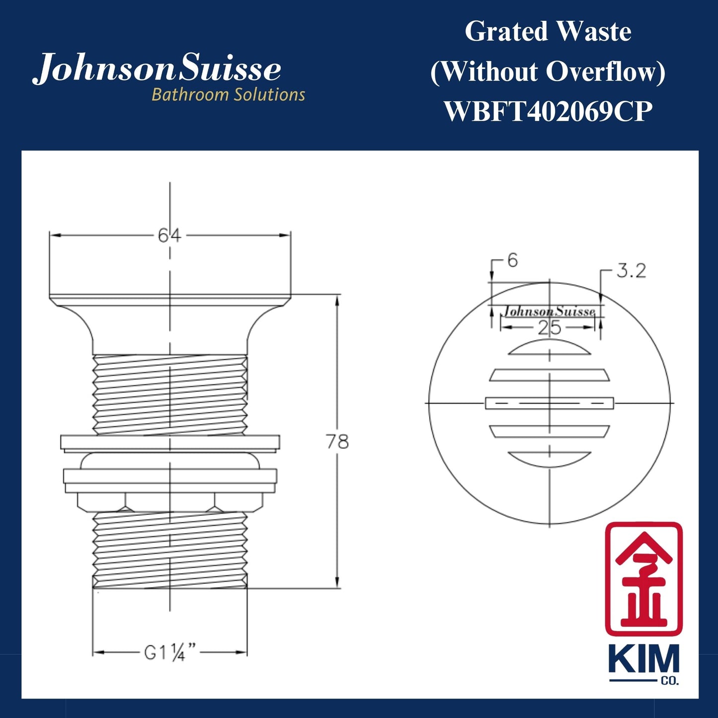 Johnson Suisse Basin Grated Waste Outlet Without Overflow (WBFT402069CP)